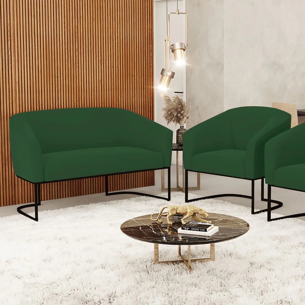 Sofá Namoradeira e Poltrona Base Industrial Preto Stella Veludo D03 - D'Rossi - Verde