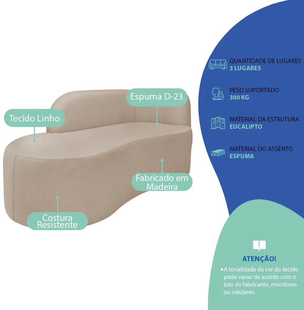 Divã Recamier Orgânico Tokyo 200cm Lado Esquerdo Linho - ADJ Decor