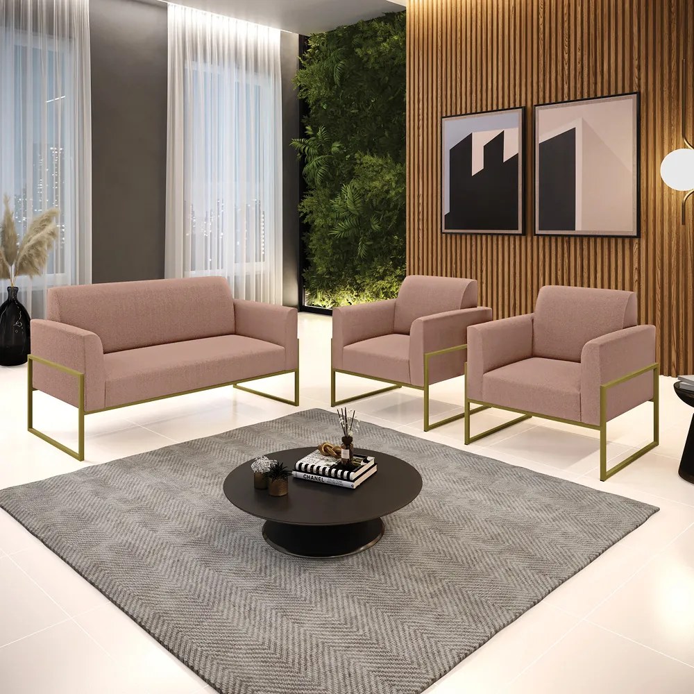 Namoradeira e 2 Poltronas Industrial Alta Dourado Marisa Bouclê - Rose