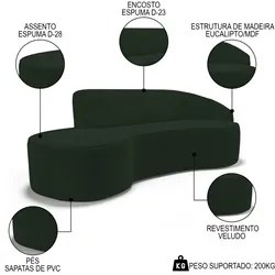 Sofá Living  2 Lugares 180cm Braço Direito Mozart D06 Veludo Verde - M