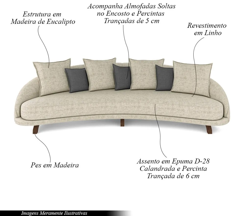 Sofá Living 3 Lugares 265cm Pés Madeira Morales com Almofadas Linho Bege Areia/Cinza G52 - Gran Belo