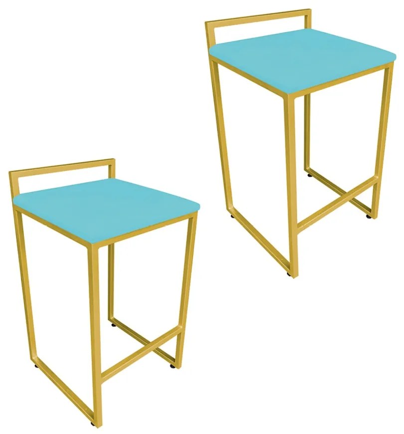 Conjunto 02 Banquetas Pietra Suede Base Dourado - Azul Turquesa