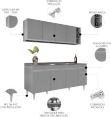 Armário Cozinha e Balcão Com Pia 180cm Dallas Cinza         - Lumil