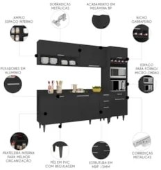 Armário de Cozinha Com Tampo CP02 240cm Pérola Preto Z34 - Mpozen