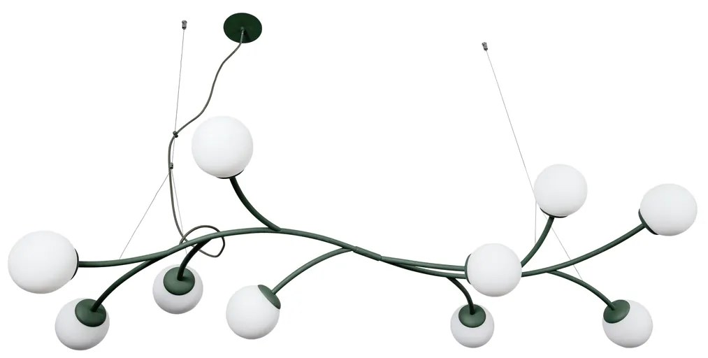 Pendente Zucca 65X142Cm 10Xg9 Cabo Aço Chumbador + Cabo Rayon / Globo... (OL-F / DR-PV - Verde Oliva Fosco / Dourado Brilho Polido Verniz, FOSCO)