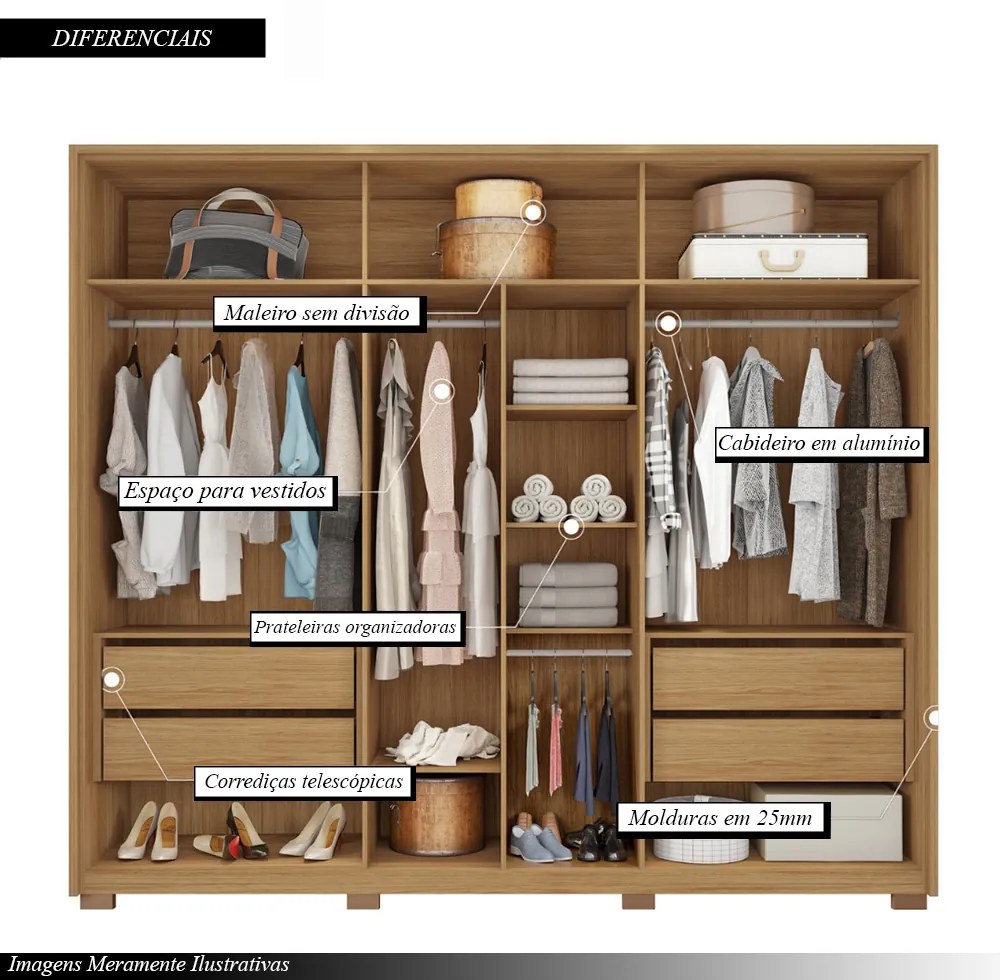 Guarda Roupa Casal 268cm Bravus 6 Portas de Bater com 4 Gavetas MDP Buriti/OffWhite G11 - Gran Belo