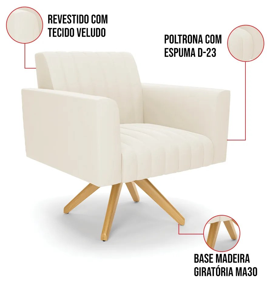 Poltrona Giratória Viena Gomada Veludo Base de Madeira MA30 D03 - D'Rossi - Bege