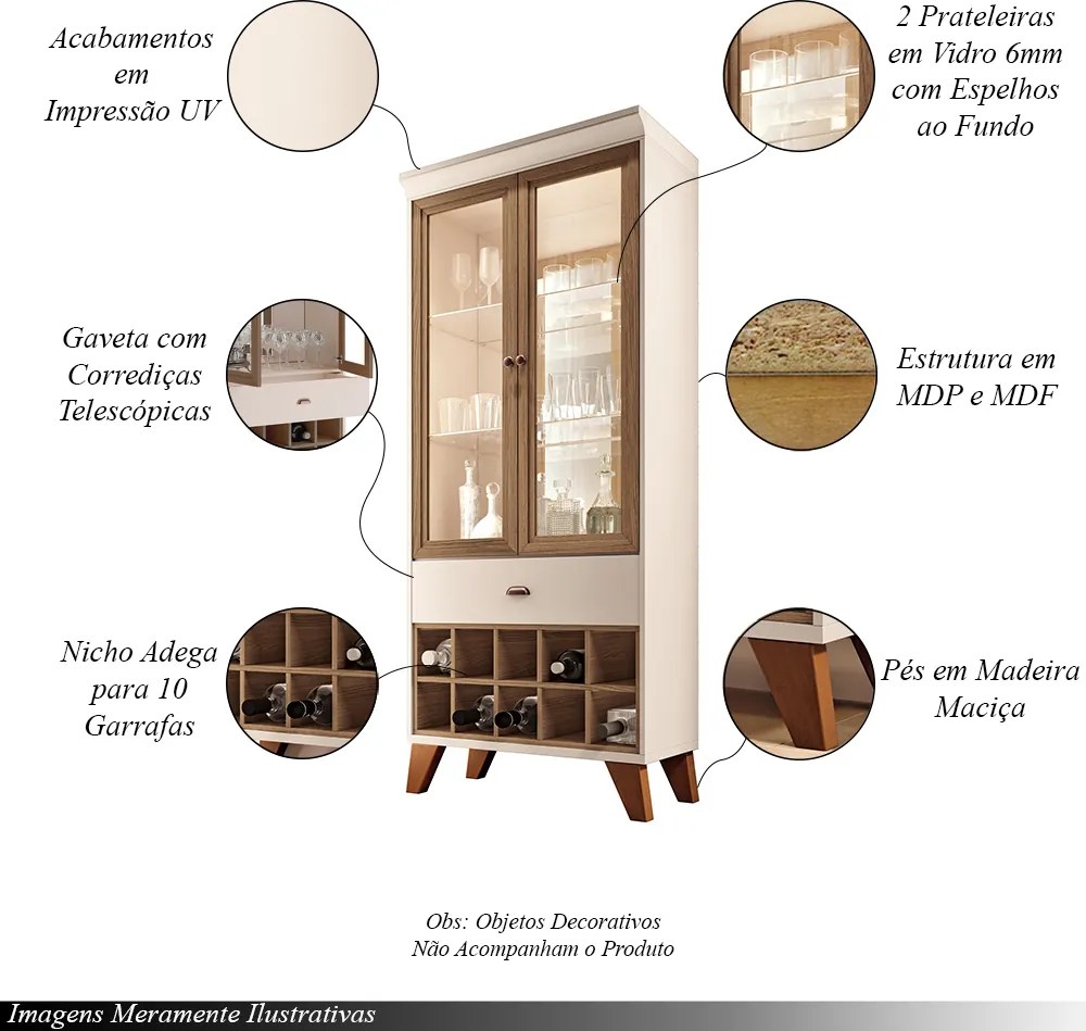 Conjunto Cristaleira Adega e Buffet Aparador MDP/MDF Ópera/Sollare Off White/Castanho G26 - HB Móveis