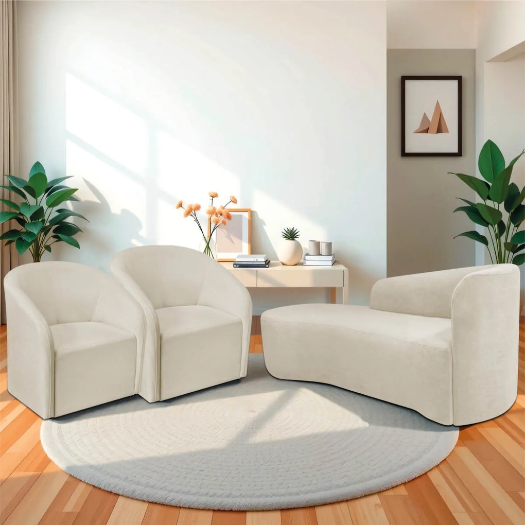 Kit Sofá Curvo França 140cm L.E e 2 Poltronas Luiza Max Conforto, Elegância e Design Moderno Bouclé