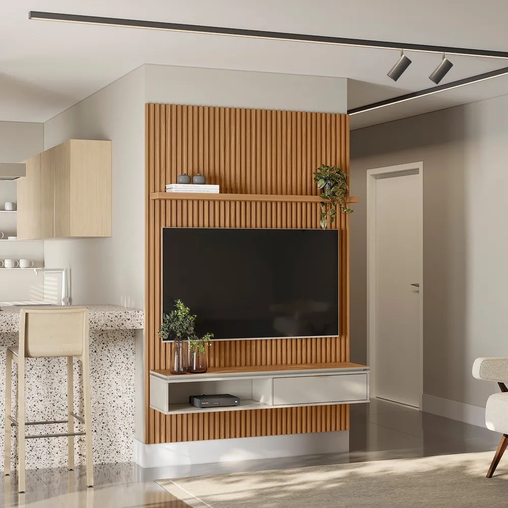 Painel para TV até 60 Polegadas Ripado Marisa com Nicho Bancada e Tampo Sobreposto Chanfrado Nature e Off White 141x250 cm L04 - D'Rossi