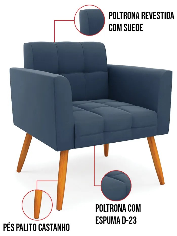 Kit 1 Sofá Namoradeira e 1 Poltrona Elisa Suede Pés Palito Castanho D03 - D'Rossi - Azul Marinho
