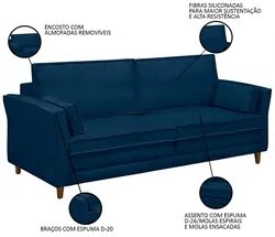 Sofá Living 3 Lugares 220cm Pés Madeira Efraim F05 Veludo Azul - Mpoze