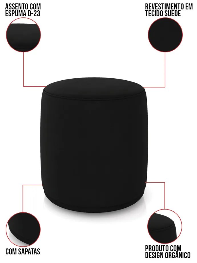 Puff Redondo Orgânico para Sala Kit 2 Malu Suede M11 - D'Rossi - Preto