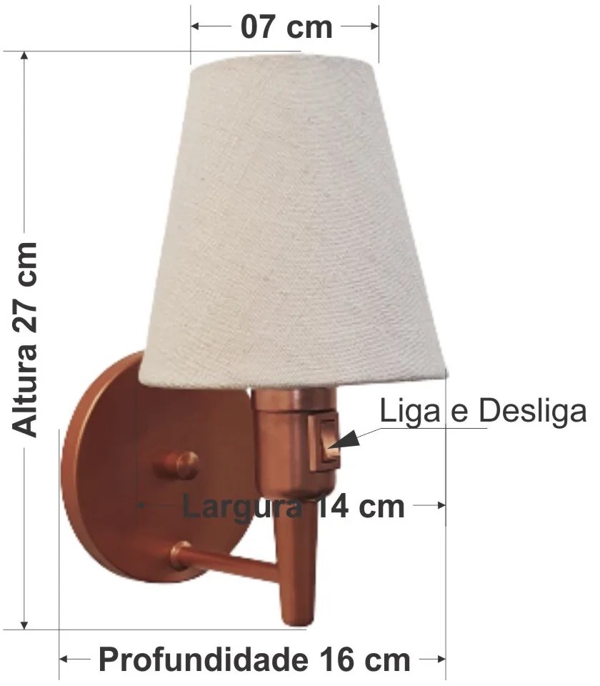 Arandela Cone Md-2013 Cobre c/ Liga e Desl Cúpula Tecido Rustico Cinza - Bivolt