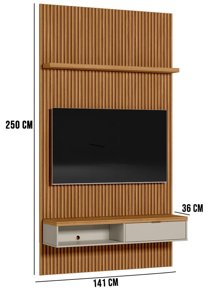 Painel para TV até 60 Polegadas Ripado Marisa com Nicho Bancada Nature e Off White 141x250 cm L04 - D'Rossi