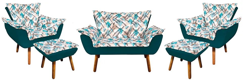 Kit 01 Namoradeira com 02 Poltronas e 02 Puffs Opala Composê Suede com Estampado Traçado Azul D33 Pés Palito Castanho - Azul Pavão