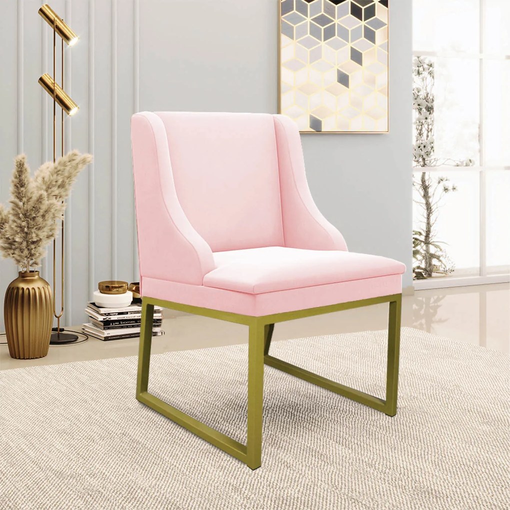 Cadeira Sala de Jantar Industrial Dourado Kit 10 Liz Suede D03 - D'Rossi - Rosa Bebê