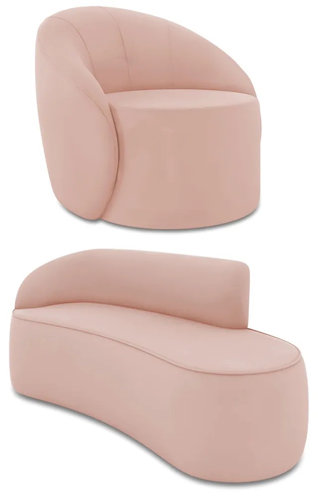 Sofá 3 Lugares Orgânico 180cm Morgan e Poltrona Lua Veludo Rose D03 - D'Rossi