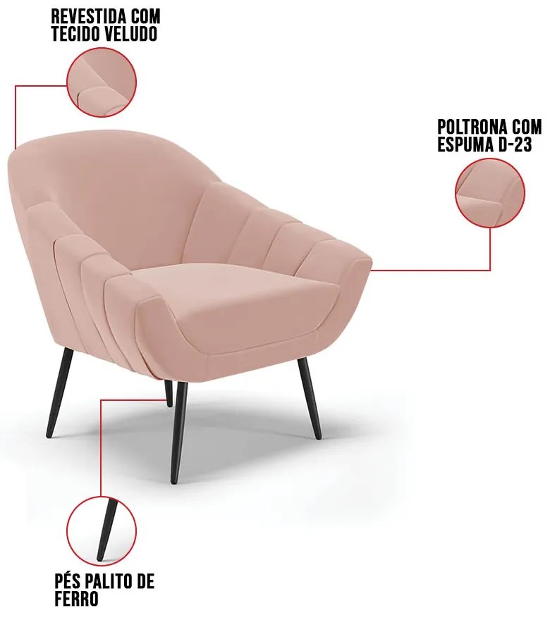 Kit 01 Namoradeira 02 Lugares e 01 Poltrona Giovana Veludo Pés Palito de Ferro D03 - D'Rossi - Rose