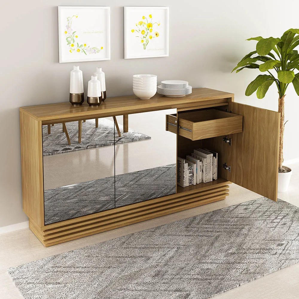 Buffet Aparador Balcão Sala de Jantar com Espelho nas Portas BB2609 MDP Natural G69 - Gran Belo