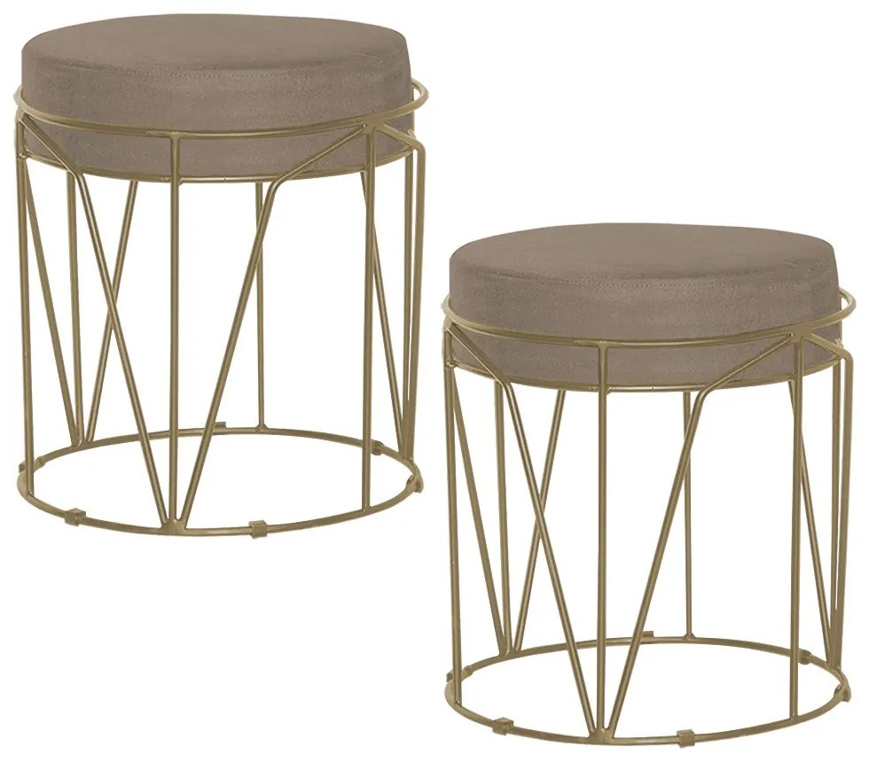 Kit 2 Puffs Decorativo Sala de Estar Base Gold Chloe Suede Cappuccino G41 - Gran Belo