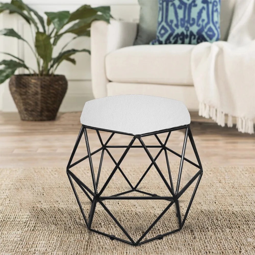 Puff Aramado Hexágono Decorativo Industrial Preto com Sintético Branco D03 - D'Rossi