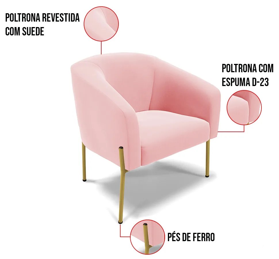 Poltrona Decorativa Pé de Ferro Dourado Kit 2 Stella Suede D03 - D'Rossi - Rosa Bebê