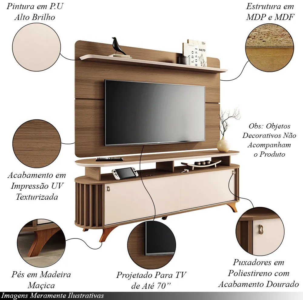 Conjunto Painel Curv para TV até 70 Polegadas e Bancada Alba Castanho/Off White G26 - Hb Móveis