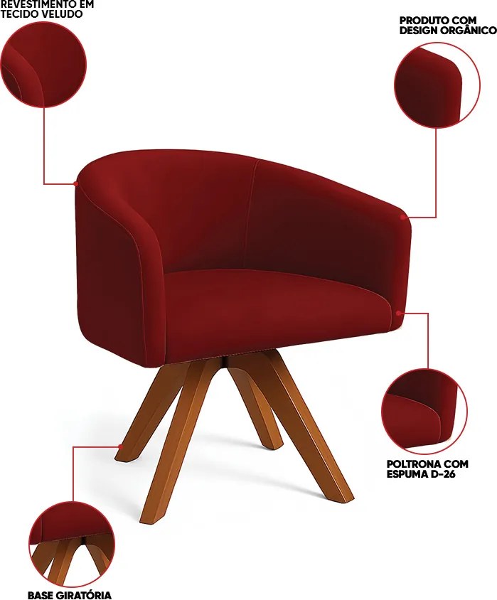 Poltrona Sala Base Giratória Madeira Kit 2 Arielle Veludo Marsala D03 - D'Rossi