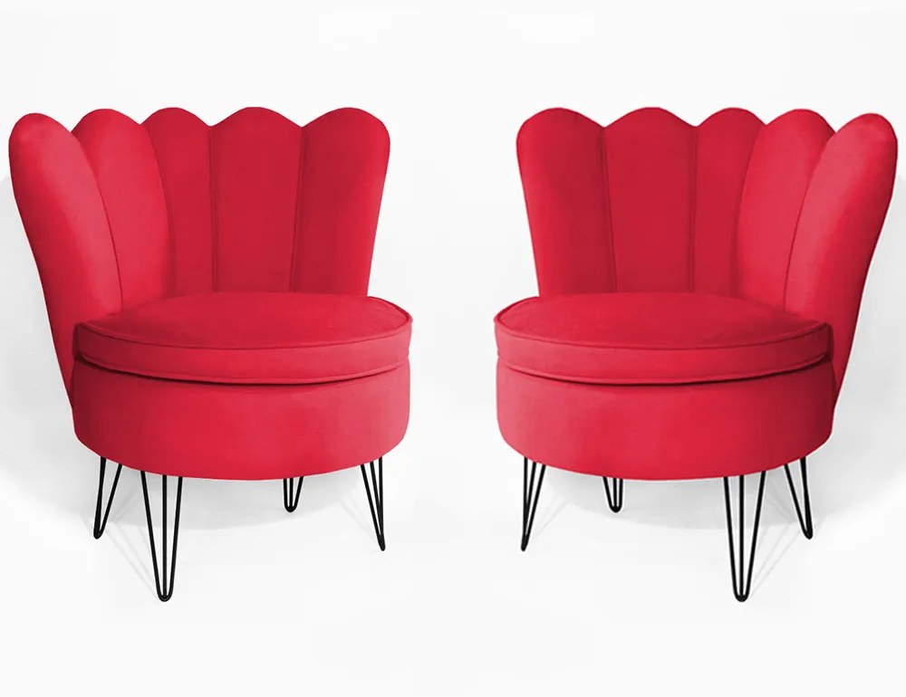 Conjunto 2 Poltrona Dália com 2 Puff Chloe Pés Hairpin Legs Preto Veludo Vermelho