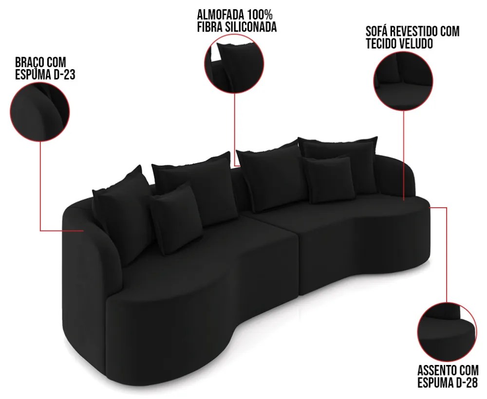 Sofá 3 Lugares Orgânico Living 210cm Mersa Veludo K01 - D'Rossi - Preto