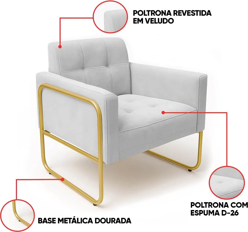 Poltrona Sala Industrial Alta Tubo Dourado Kit 2 Elisa Veludo D03 - D'Rossi - Cinza