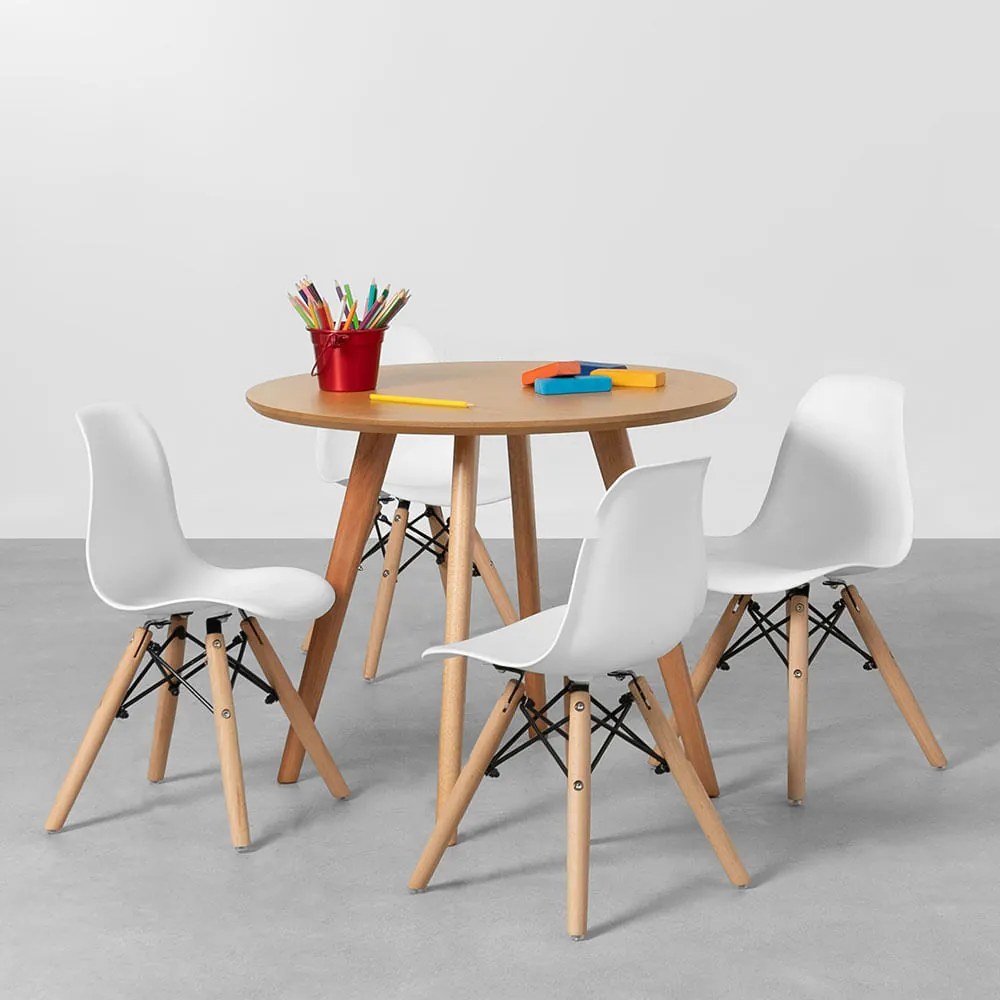 Conjunto Mesa Infantil Square Laminada Natural - 68cm + 4 Cadeiras Eiffel Infantil - Branco
