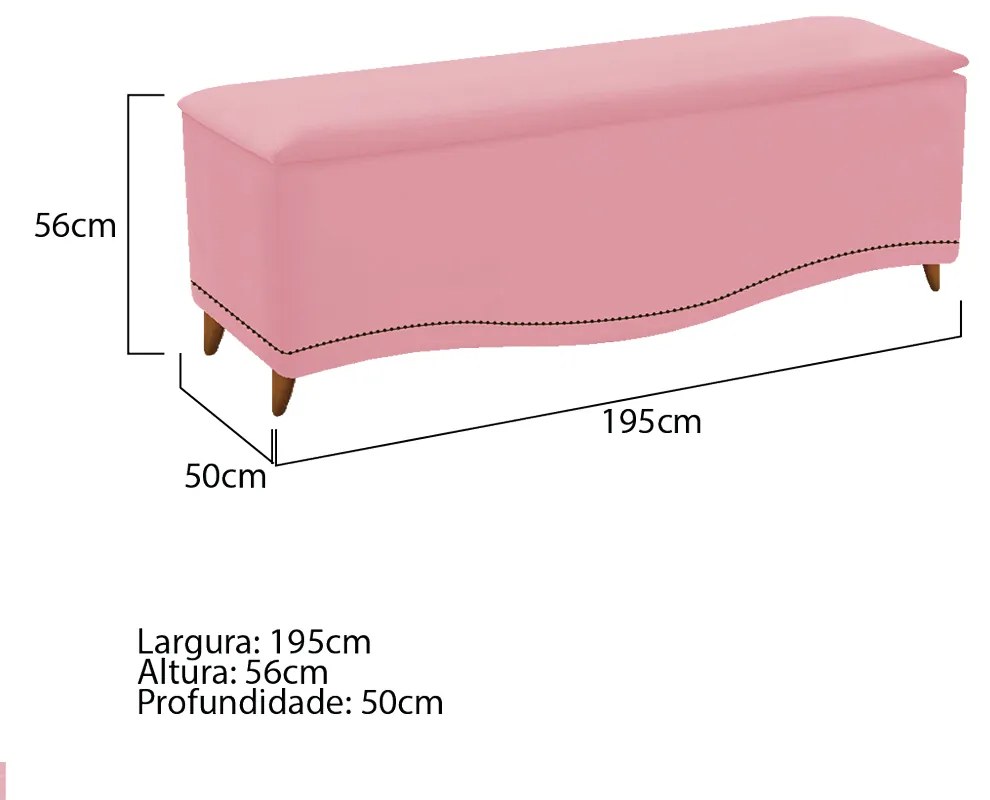 Calçadeira Estofada Yasmim 195 cm King Size Suede Rosa Bebê - ADJ Decor