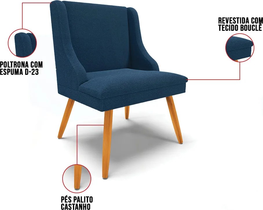 Cadeira Sala de Jantar Pé Palito Castanho Kit 6 Liz Boucle D03 - D'Rossi - Azul