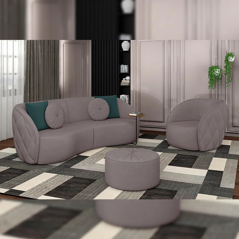 Conjunto Decorativo Sofá 288cm e Poltrona Clarke com Puff Round Veludo Rosê G45 - Gran Belo