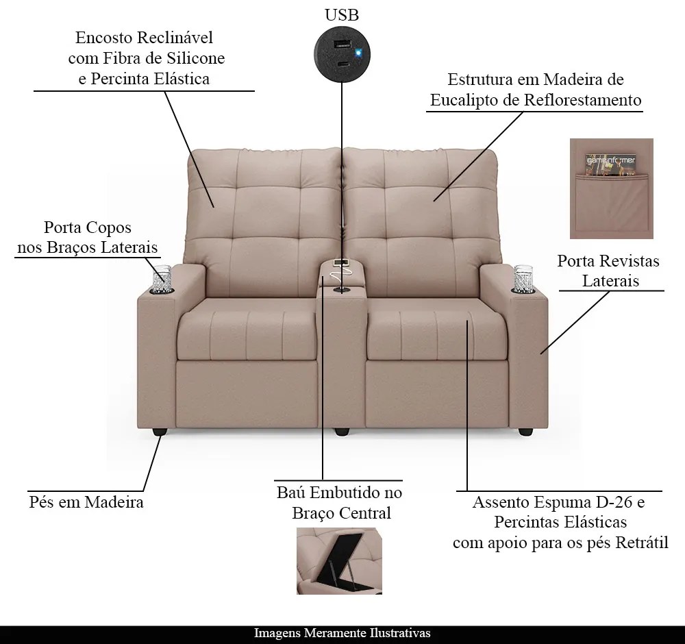 Poltrona do Papai Reclinável Sala de Cinema Movie 2 Lugares Manual Baú USB Veludo Rosê G23