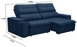 Sofá Retrátil Reclinável 3 Lugares 250cm Ginevra F05 Veludo Azul - Mpo