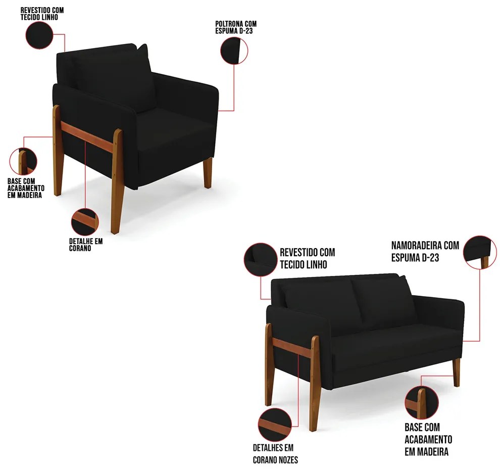 Kit 1 Sofá Namoradeira e 2 Poltronas Lana Linho Preto A79 Base de Madeira