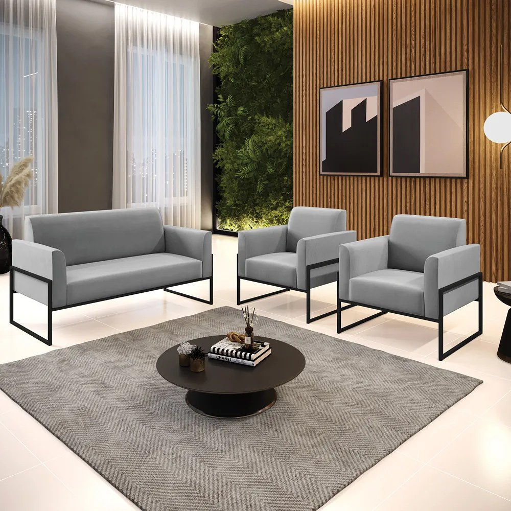 Sofá Namoradeira com 2 Poltronas Base Industrial Alta Preto Marisa Suede D03 - D'Rossi - Cinza