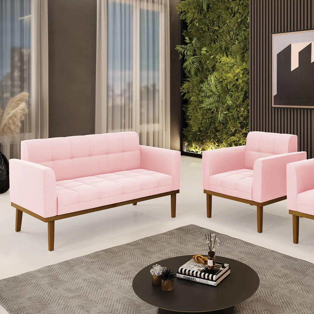 Conjunto Poltrona e Namoradeira Decorativas Karen Pés Fixo em Madeira Castanho Suede Rosa Bebê G19 - Gran Belo