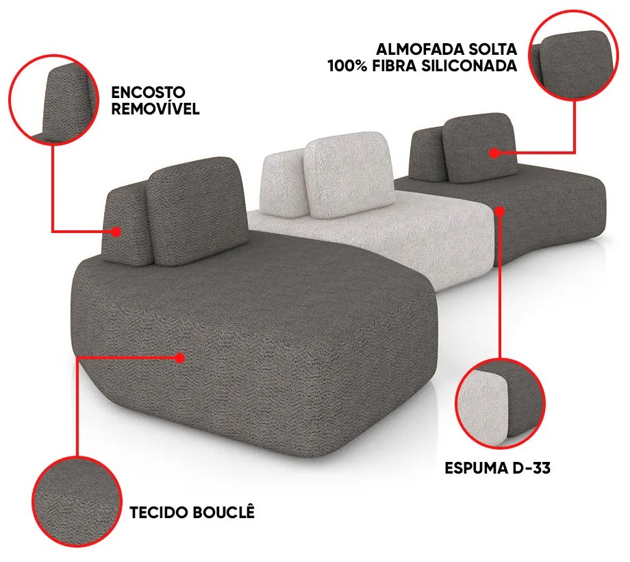 Sofá 3 Lugares Orgânico com Chaise e 2 Módulos Berlim Bouclê Gf K01 - D'Rossi - Grafite/Cinza Caro