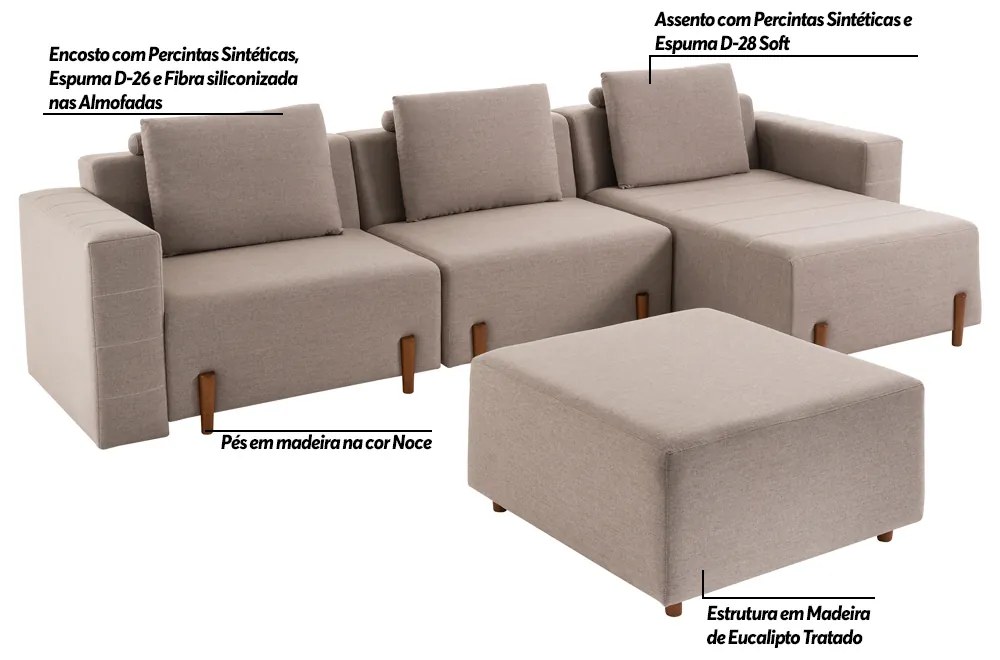 Sofá Decorativo Pierre 4 Módulos Linho Bege/Noce G66 - Gran Belo