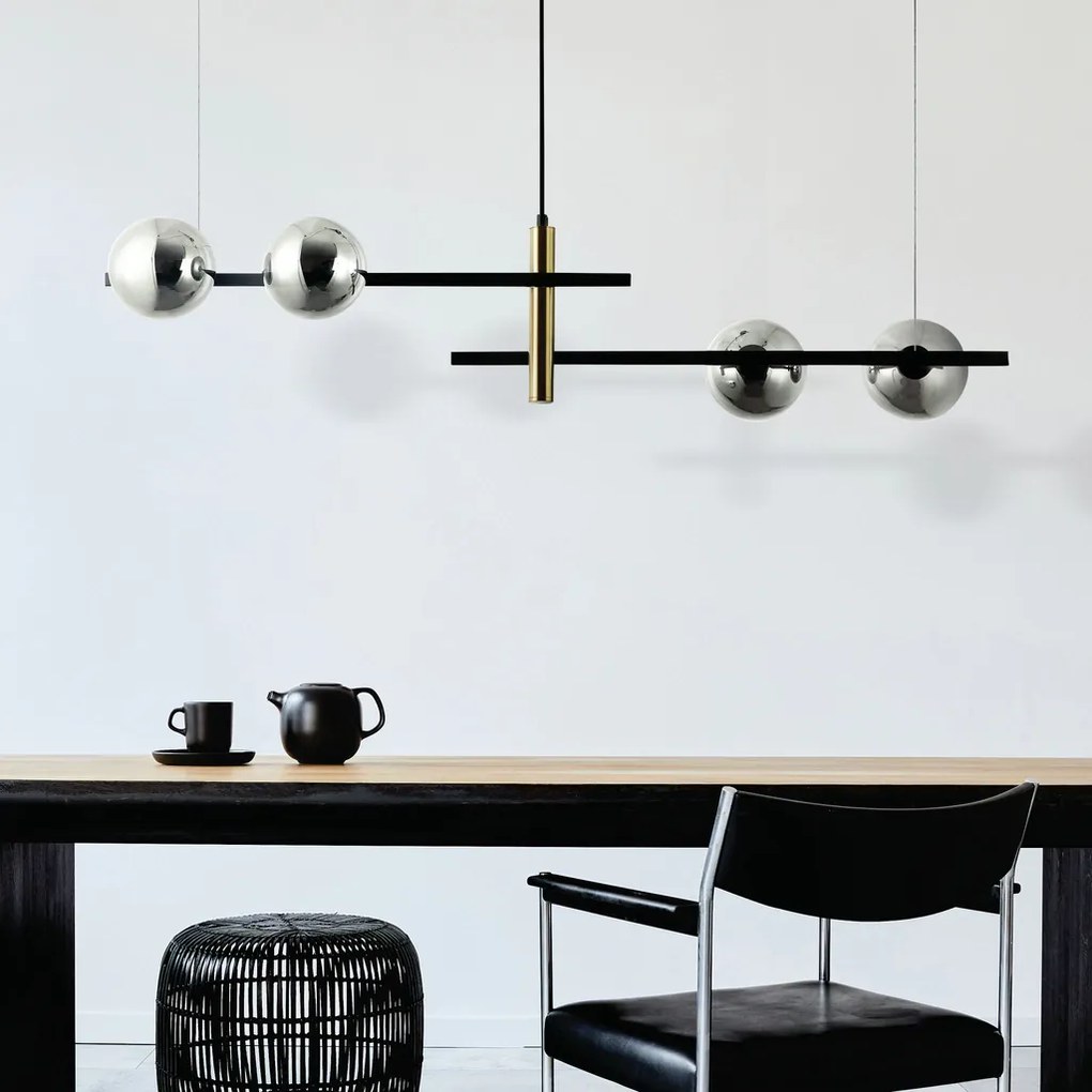 Pendente Bambu Metal Preto E Bronze Vidro Fume 31,5X104X22Cm 4Xg9 | Be...