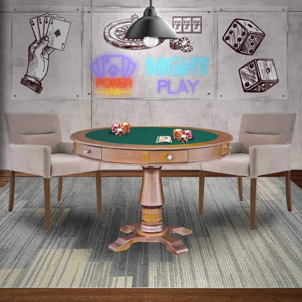 Mesa de Jogos Carteado Victoria Redonda Tampo Reversível Amêndoa com Kit 2 Cadeiras Vicenza Suede Nude G36 G15 - Gran Belo