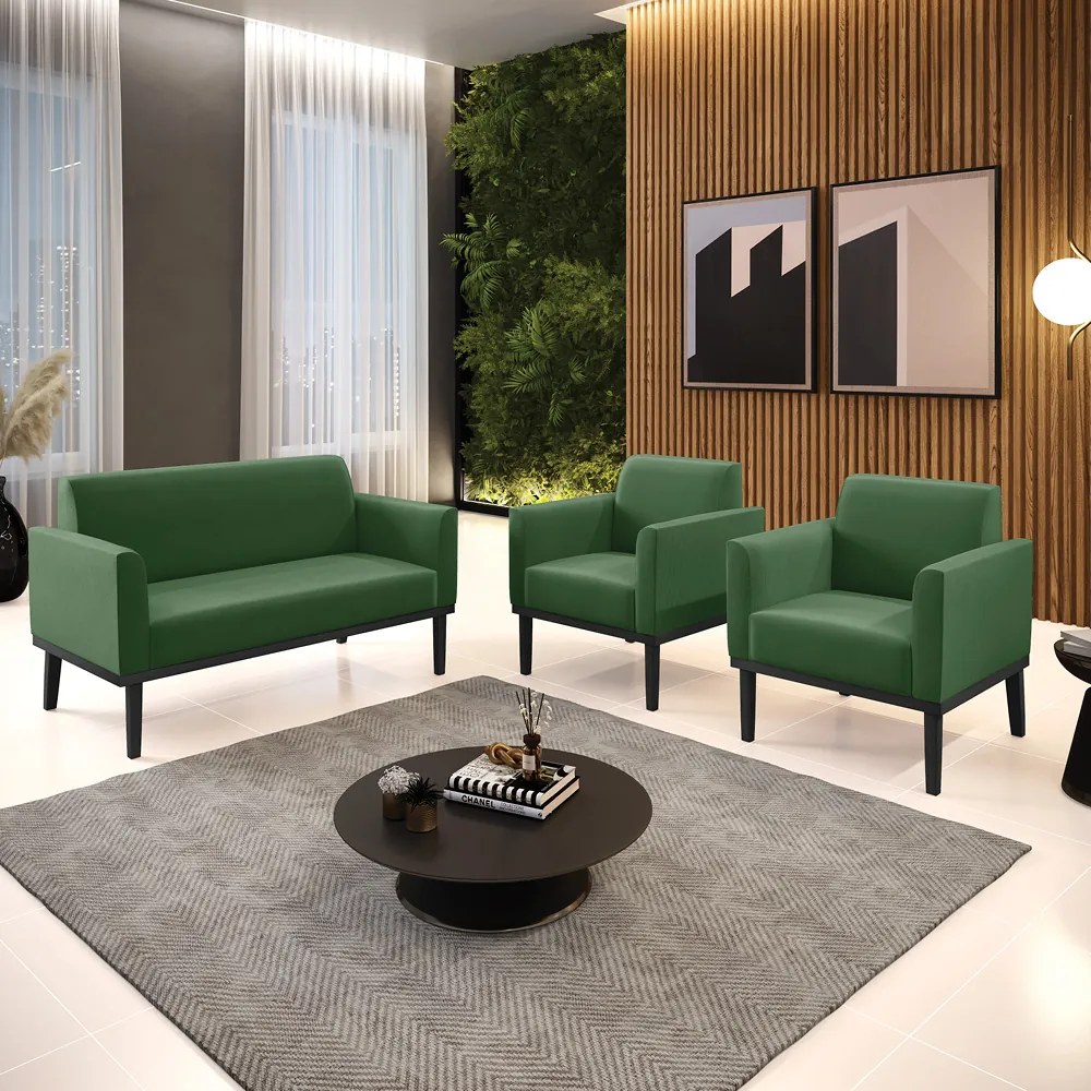 Sofá Namoradeira com 2 Poltronas Base de Madeira Fixa Preto Marisa Suede  D03 - D'Rossi - Verde