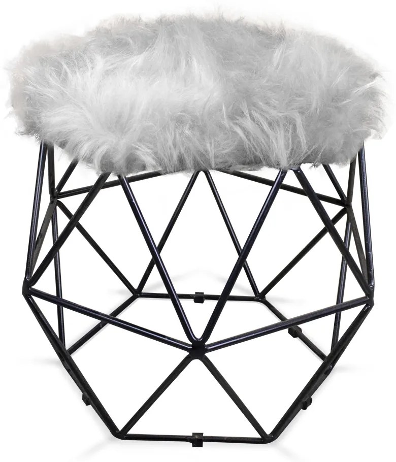 Puff Aramado Hexágono Decorativo Industrial Preto com Pelúcia Cinza D03 - D'Rossi