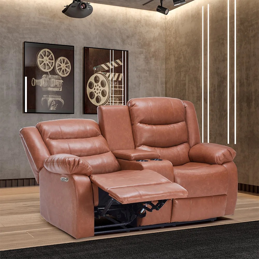 Sofá Reclinável Elétrica Sala de Cinema Hollywood 2 Lugares com Massagem Aquecimento Baú Entrada USB/USB-C PU Caramelo G94 - Gran Belo