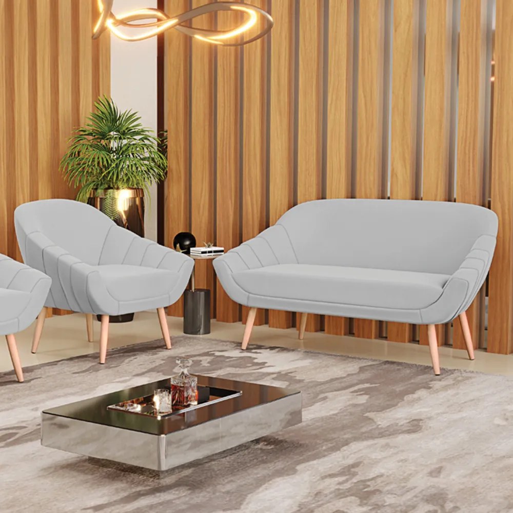 Kit 01 Namoradeira 02 Lugares e 01 Poltrona Giovana Suede Cinza Pés Palito Natural - Indo Decorar