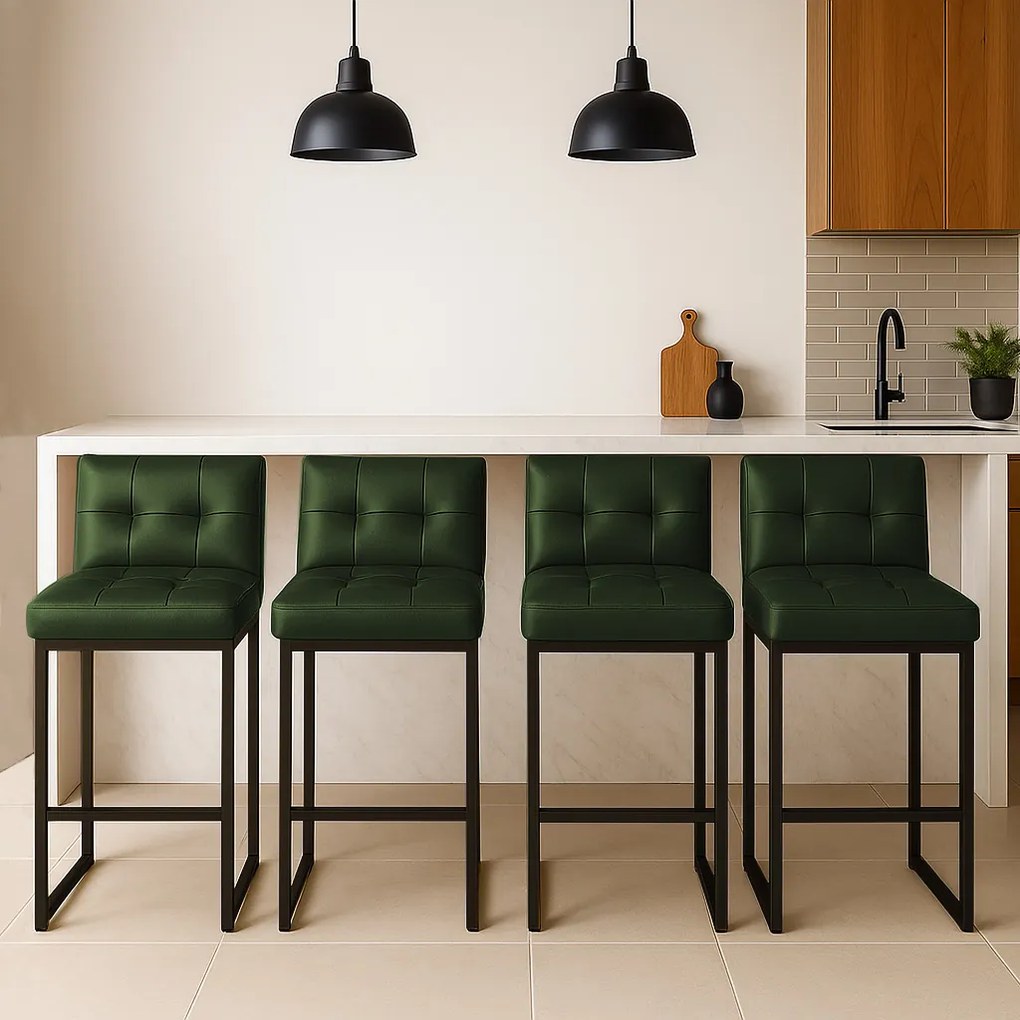 Banqueta Cozinha Alta com Encosto Industrial Kit 4 Preto Lirina PU Verde C05 - D'Rossi